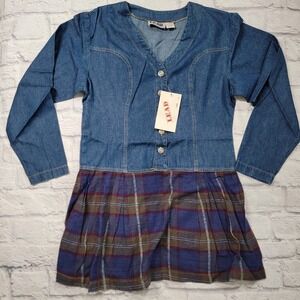 Tunic Top Dress sz Small Pleated Plaid Flannel Denim Jean Vintage Style 90's Y2K